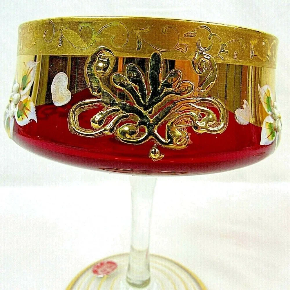 Vintage Bohemian Crystal Ruby Red Wine Glass Floral CAM Stem Set of 2